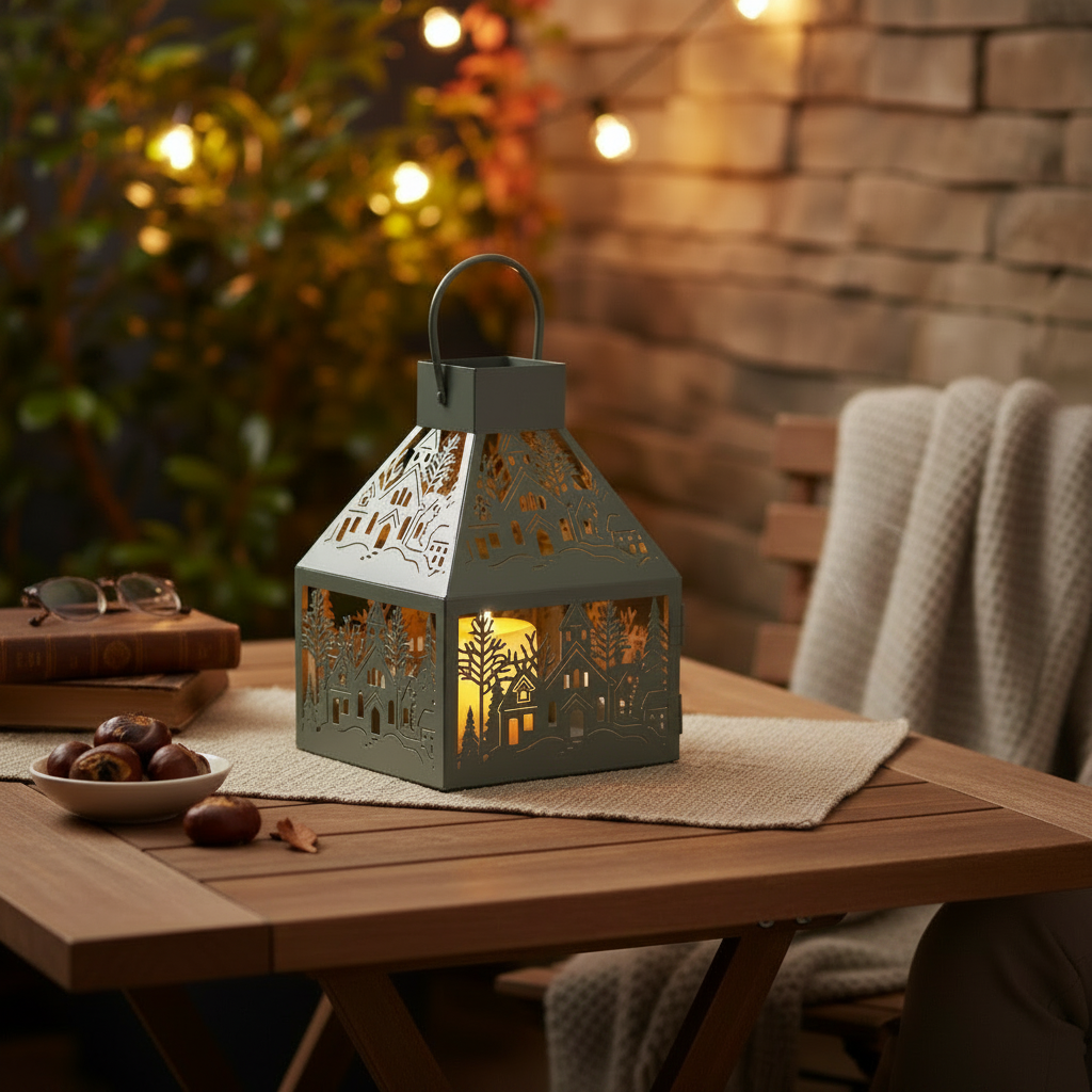 Metal Lantern with Cutout Christmas scene Dark Sage Green