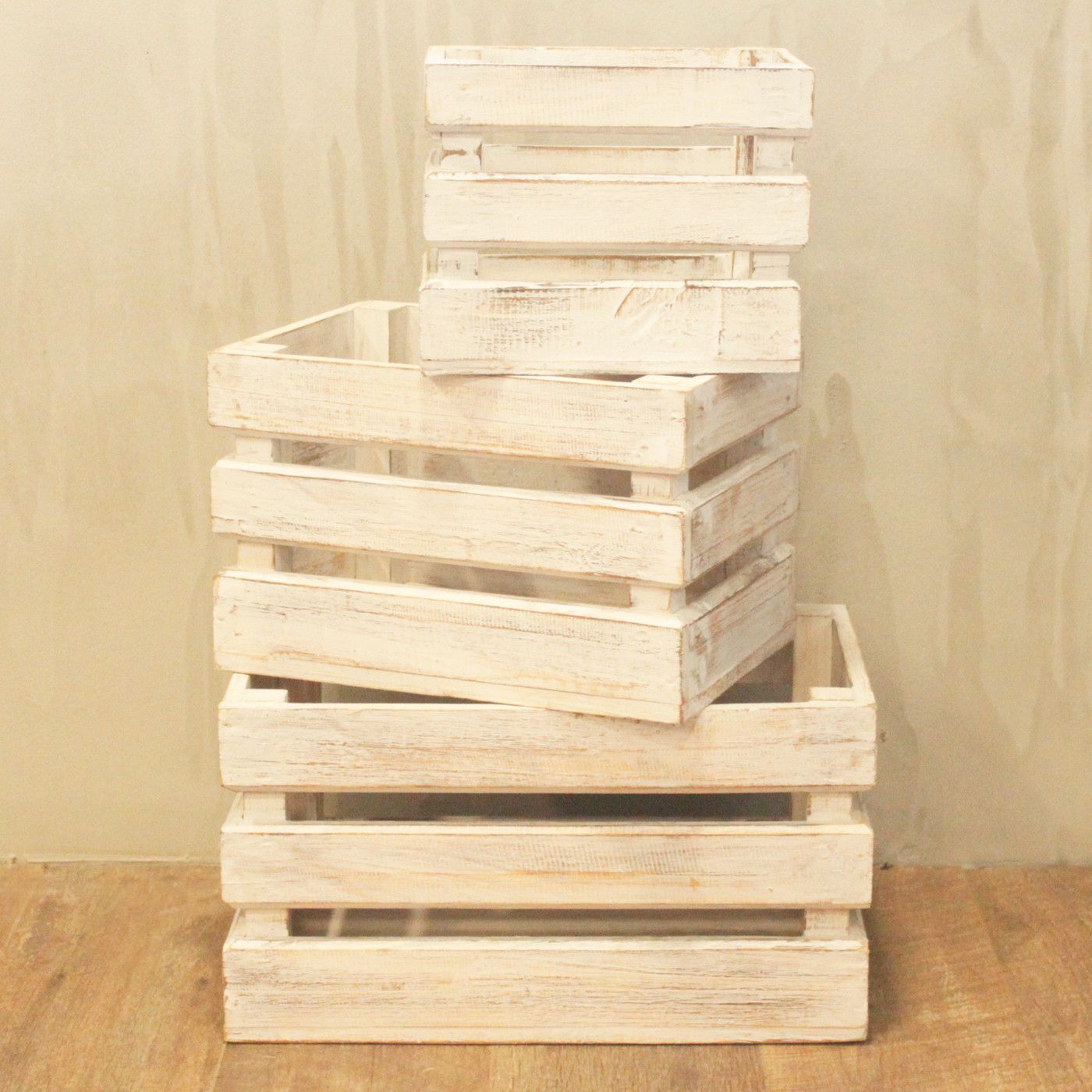Wooden Storage Crates Whitewash (Set of 3)