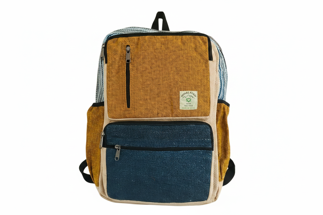 Large Boxy Hemp Backpack - Teal & Tumeric