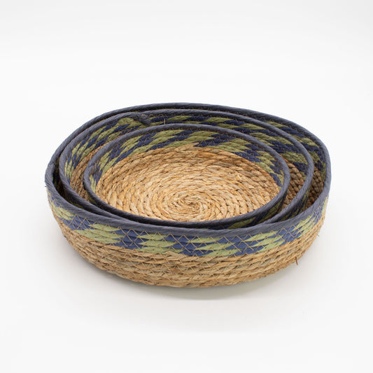 Straw & Seagrass Tray Baskets - Natural Green & Blue- Set of 4