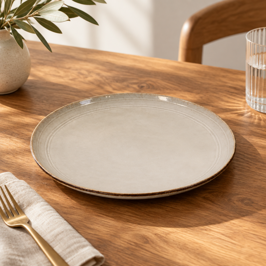 Four Candle Satchville stoneware dinner plate in off-white with a rustic brown rim on a white wooden table.