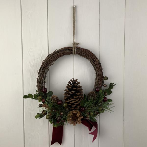 Rattan Pinecone and Berry Wreath with Bow 24cm
