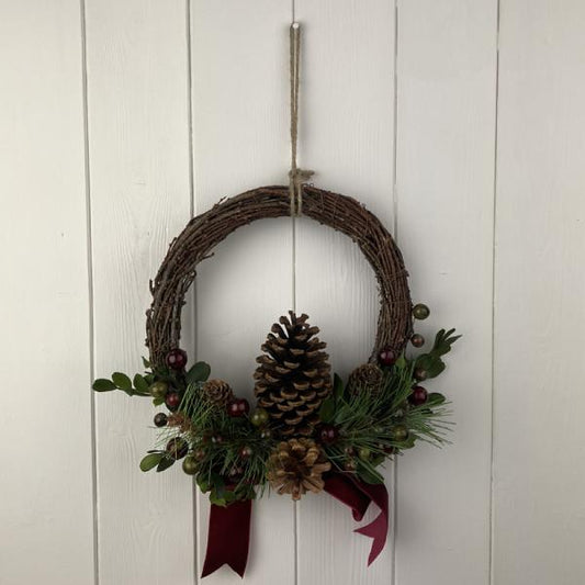 Rattan Pinecone and Berry Wreath with Bow 24cm