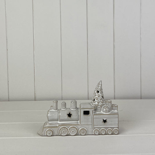 Glazed Ceramic Train Ornament with Textured Detail and LED