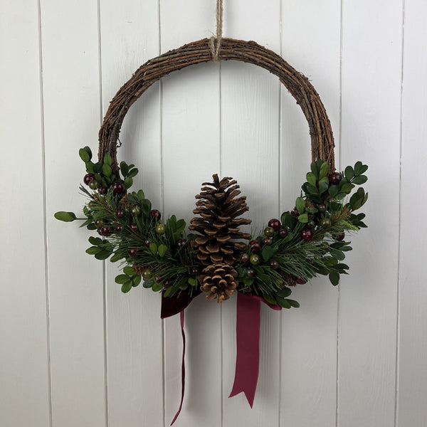 Rattan Pinecone and Berry Wreath with Bow 36cm