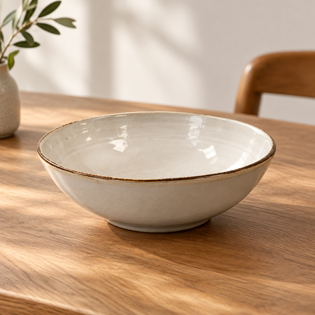 Four Candle Satchville stoneware cereal bowl in off-white with a rustic brown rim on a white wooden surface.