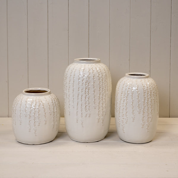 Medium Cream Ceramic Ribbed Vase 23.5cm High