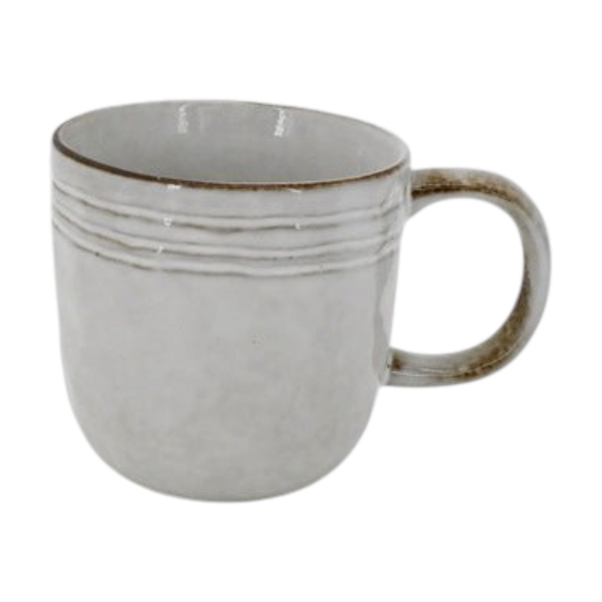 Four Candle Satchville stoneware mug in a rustic off-white glaze with subtle ribbed detailing and a curved handle.