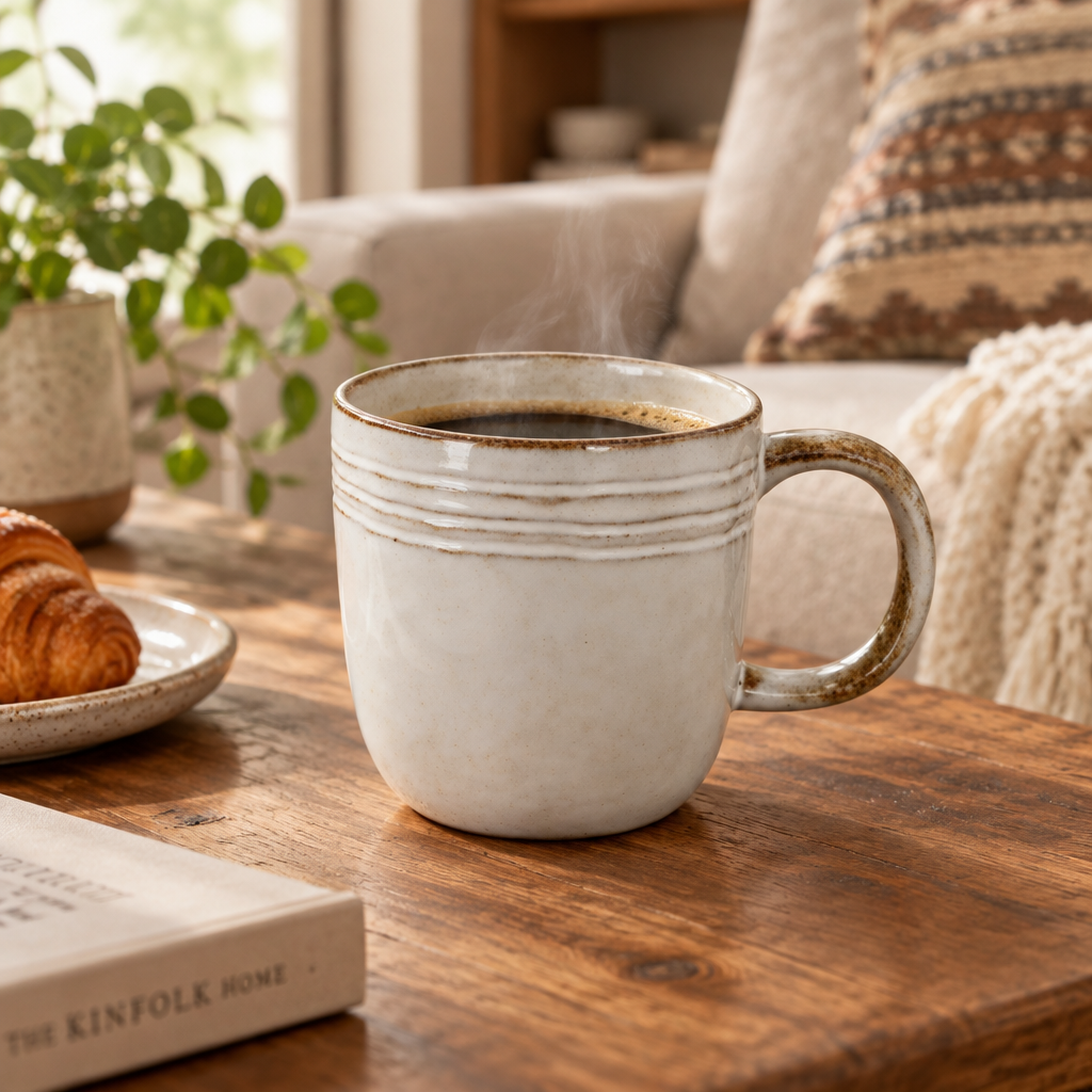 Four Candle Satchville stoneware mug in a rustic off-white glaze with subtle ribbed detailing and a curved handle.