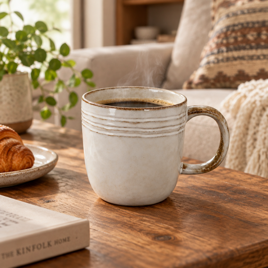 Four Candle Satchville stoneware mug in a rustic off-white glaze with subtle ribbed detailing and a curved handle.