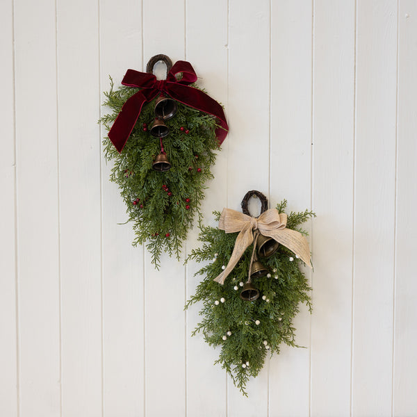 Teardrop Swag with White Berries, Bells and Bow