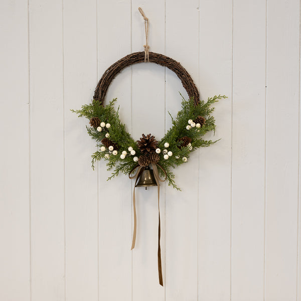 Twig Wreath with White Berries, Pinecones, Bells and Bow Large