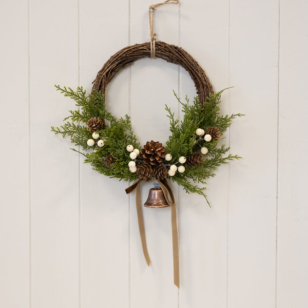 Twig Wreath with White Berries, Pinecones, Bells and Bow Medium
