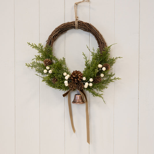 Twig Wreath with White Berries, Pinecones, Bells and Bow Medium