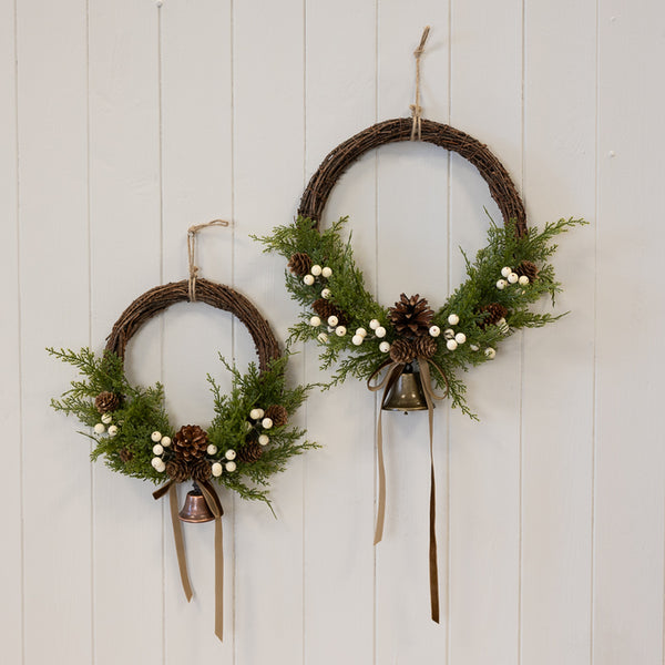 Twig Wreath with White Berries, Pinecones, Bells and Bow Medium