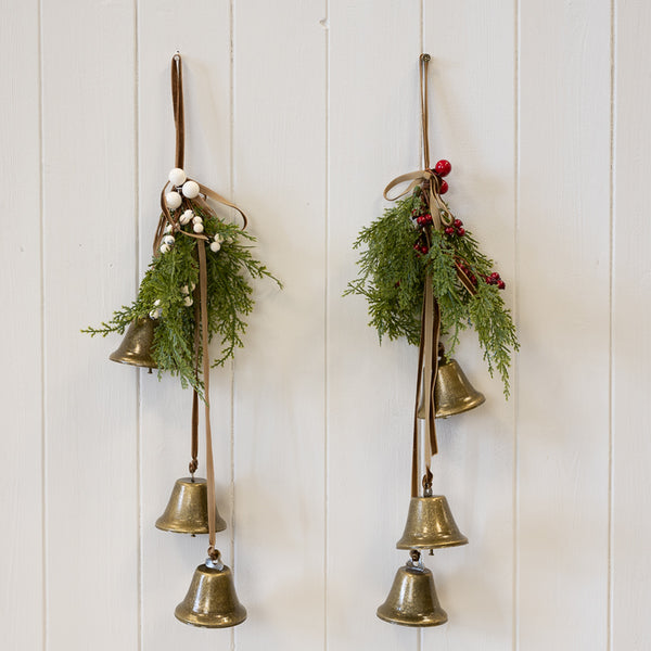Hanging Bells with Greenery and Red Berries