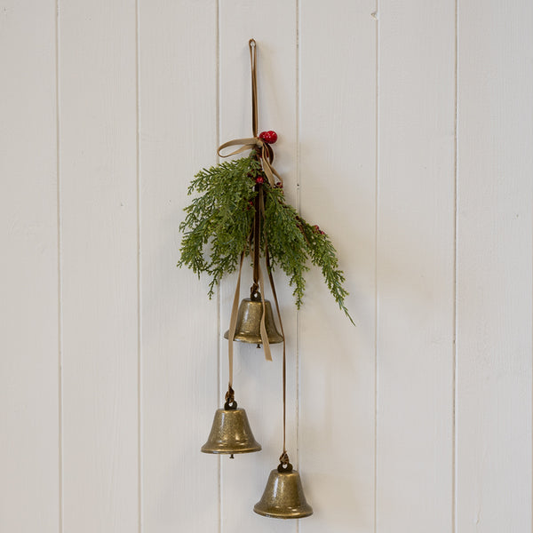 Hanging Bells with Greenery and Red Berries