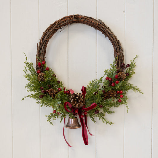 Twig Wreath with Red Berries, Pinecones, Bells and Bow Large
