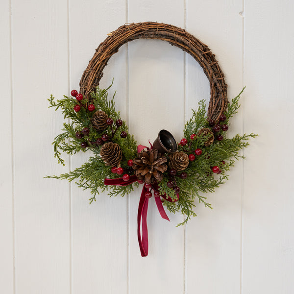 Twig Wreath with Red Berries, Pinecones, Bells and Bow Medium