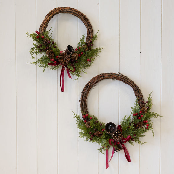 Twig Wreath with Red Berries, Pinecones, Bells and Bow Medium