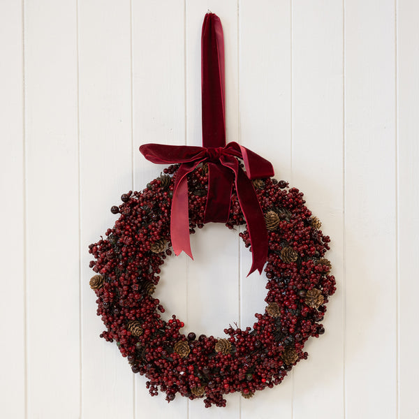 Luxury Burgundy Berry and Pinecone Wreath with Velvet Bow Large