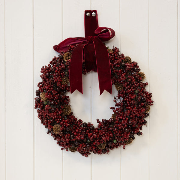 Luxury Burgundy Berry and Pinecone Wreath with Velvet Bow Medium